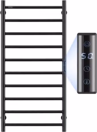 Scaldasalviette da parete VEVOR con 10 barre, Portasciugamani riscaldato per bagno in metallo nero con display LED, timer e 5 livelli di temperatura regolabili, grado di protezione IPX5