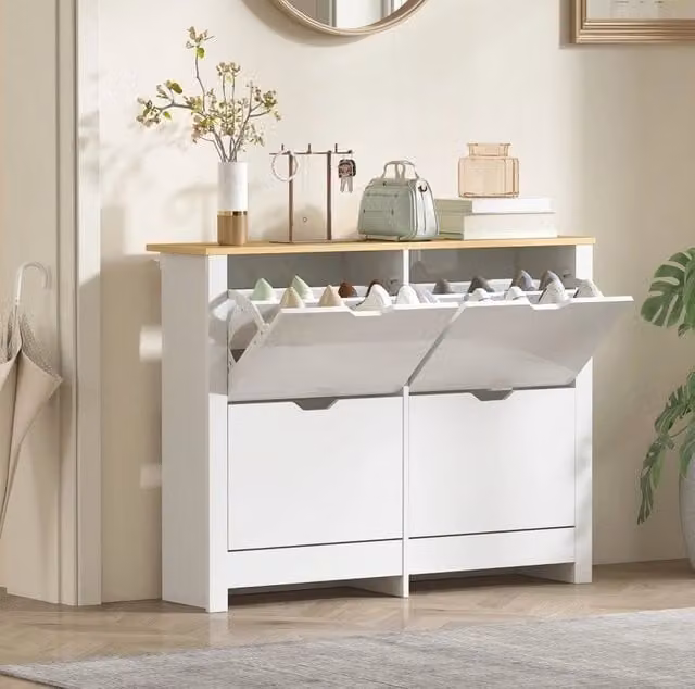 Scarpiera moderna Modenuit bianca con cassetti interni e ripiani, L: 105 cm, P: 26 cm, H: 80 cm