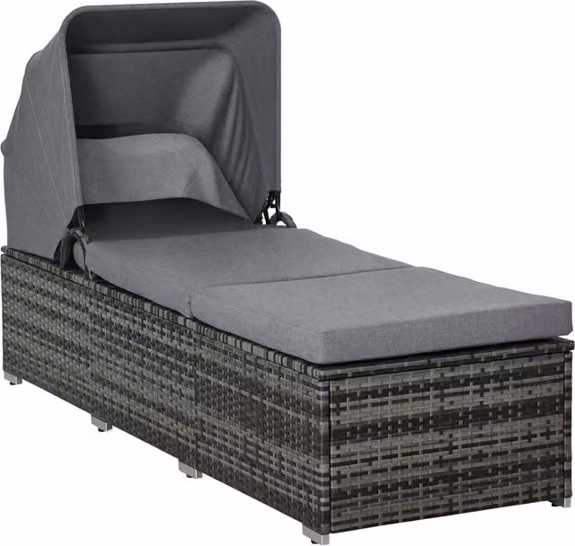Lettino prendisole Outsunny in rattan PE grigio con schienale reclinabile a 4 livelli, tettuccio e materassino per esterno