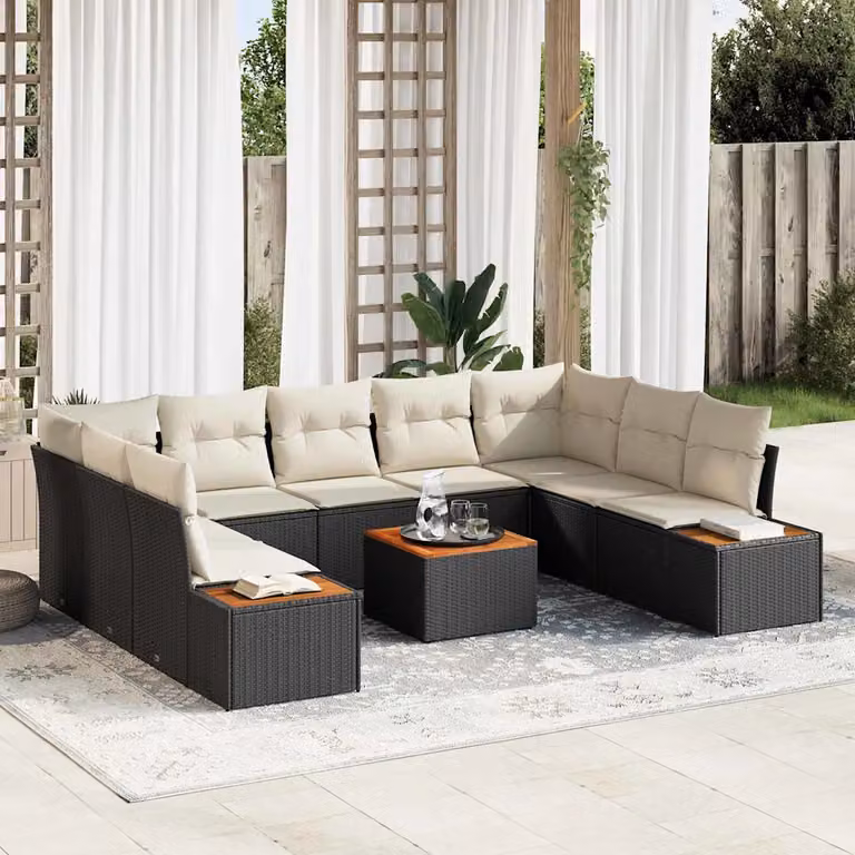 vidaXL Set Divano da Giardino a Forma di U con Tavolino, 9 Posti, Nero e Beige