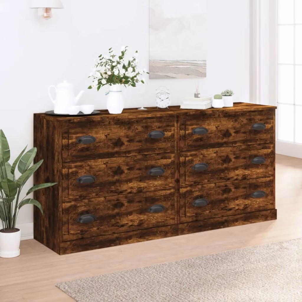Set di 2 credenze vidaXL in legno multistrato Rovere Fumo, modello a parete, colore marrone opaco, L: 67,5 cm, P: 35,5 cm, H: 70 cm