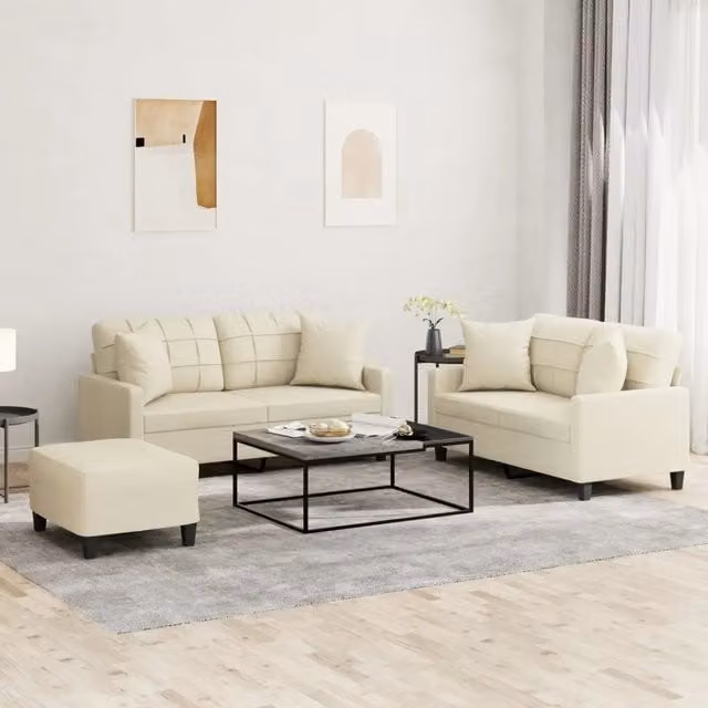Set di divani 3 pezzi vidaXL in similpelle beige con cuscini per soggiorno in stile moderno