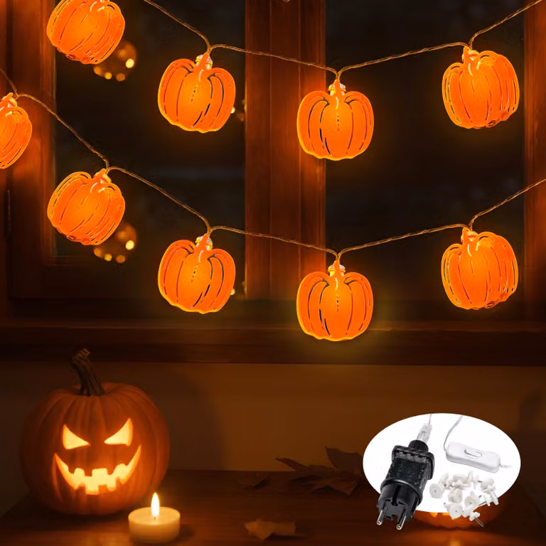 Catena luminosa a tema Halloween, 6 metri, 20 LED, luce bianco caldo, decorazione zucca