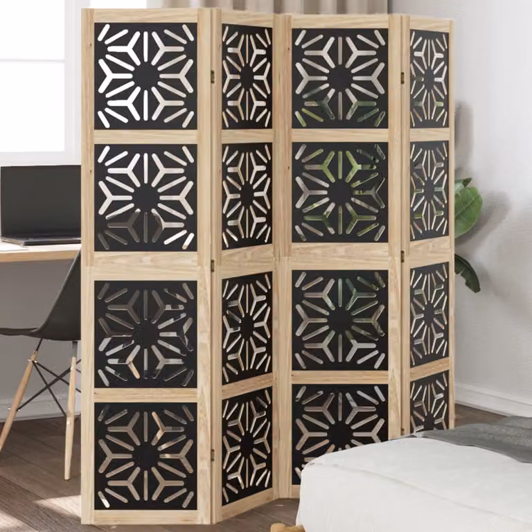 vidaXL Divisorio Ambienti Moderno a 4 Pannelli in Legno di Paulownia Massello Marrone e Nero H: 160 cm, L: 145 cm