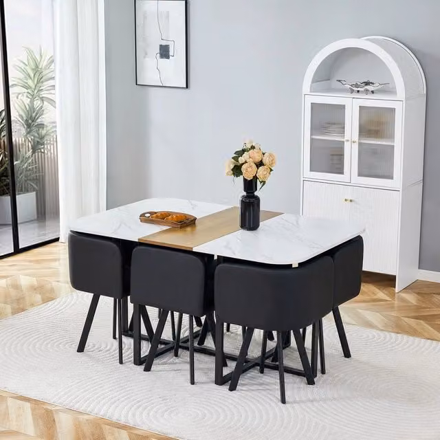 Set tavolo da pranzo e sedie ¨C Minimal ¨C Effetto legno, struttura ferro nero, sedute imbottite PU
