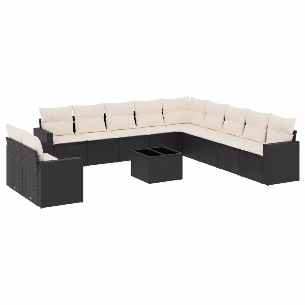 Set di divani da giardino vidaXL a forma di L composto da 12 pezzi con cuscini e tavolino da esterno in polyrattan nero e struttura in metallo – 2