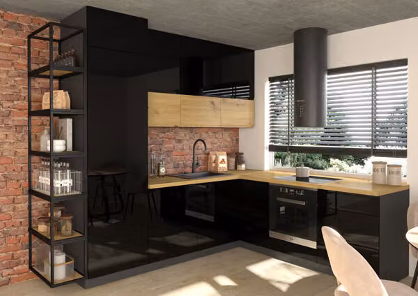 Mobile cucina a L FLORENCE piano di lavoro 248x245cm lava - rovere nero artigianale HETTICH guida a estrazione totale