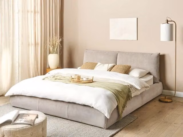 Letto matrimoniale Beliani in velluto a coste beige con testiera imbottita e base a doghe stile classico L/P/H: 180 x 200 cm – 1