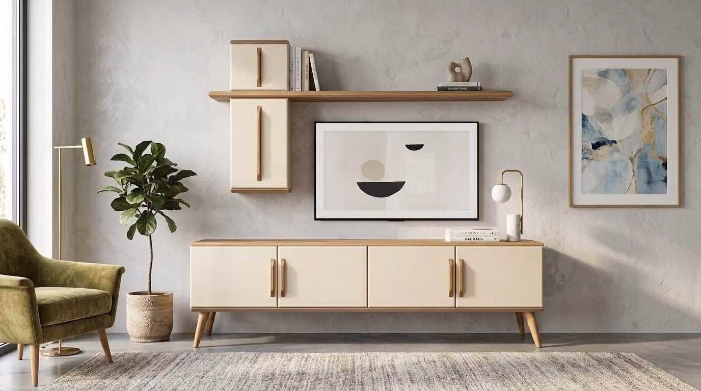 Set soggiorno beige moderno mobile TV basso, mensole a parete