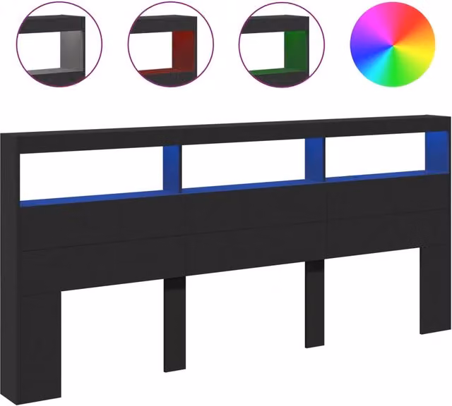 Testata con contenitore e illuminazione LED nera con porta USB e ripiano integrato L/P/H: 220 x 17 x 102 cm – 1