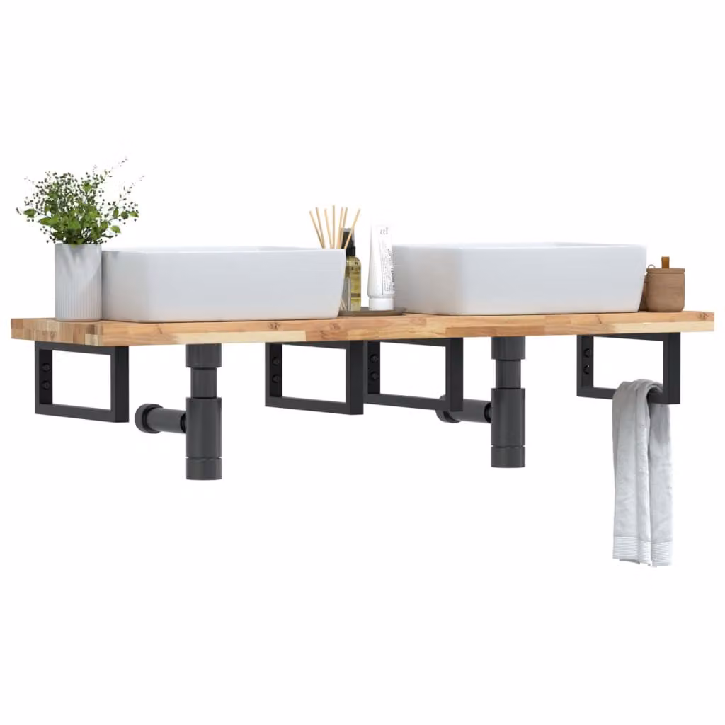 vidaXL Ripiano da parete per lavabo in legno di acacia e metallo, nero e marrone, L: 40 cm, P: 19 cm, H: 5 cm