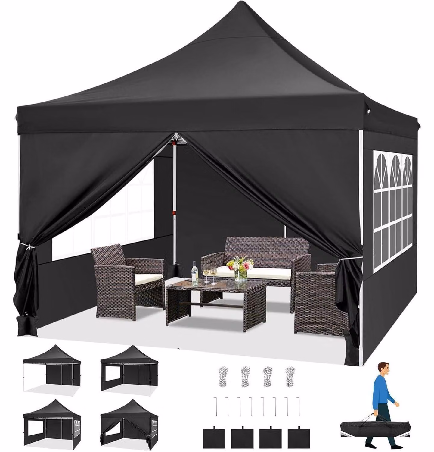 Gazebo da esterno 3x3 metri, impermeabile, stabile, resistente alle intemperie invernali, con 4 pareti laterali, colore nero