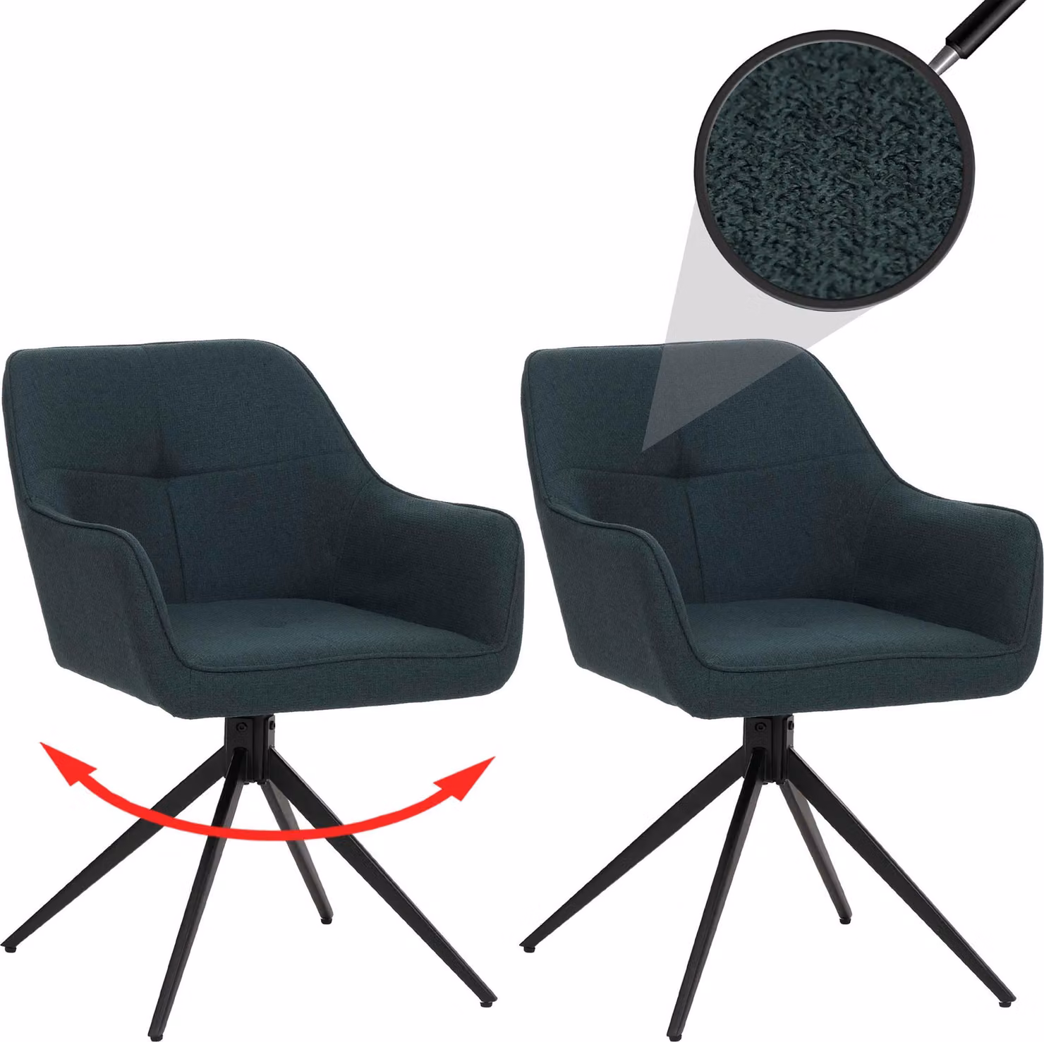 set di 2 sedie per sala da pranzo HWC-O47, bracciolo per sedia da cucina, girevole a ritorno automatico, tessuto/tessuto (270g/m²) ~ verde petrolio