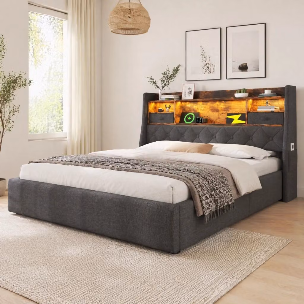 Letto contenitore REDOM in tessuto grigio con illuminazione LED, porte USB/Type-C e mensola integrata L/P/H: 221 x 180 x 116 cm – 2