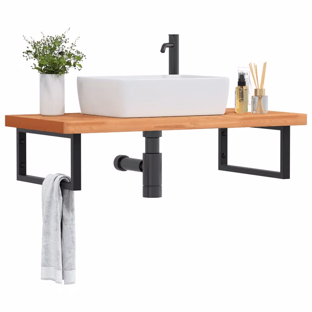 vidaXL Ripiano da parete per lavabo moderno in acciaio e legno di faggio, nero e marrone, L: 50 cm, P: 20 cm, H: 3 cm