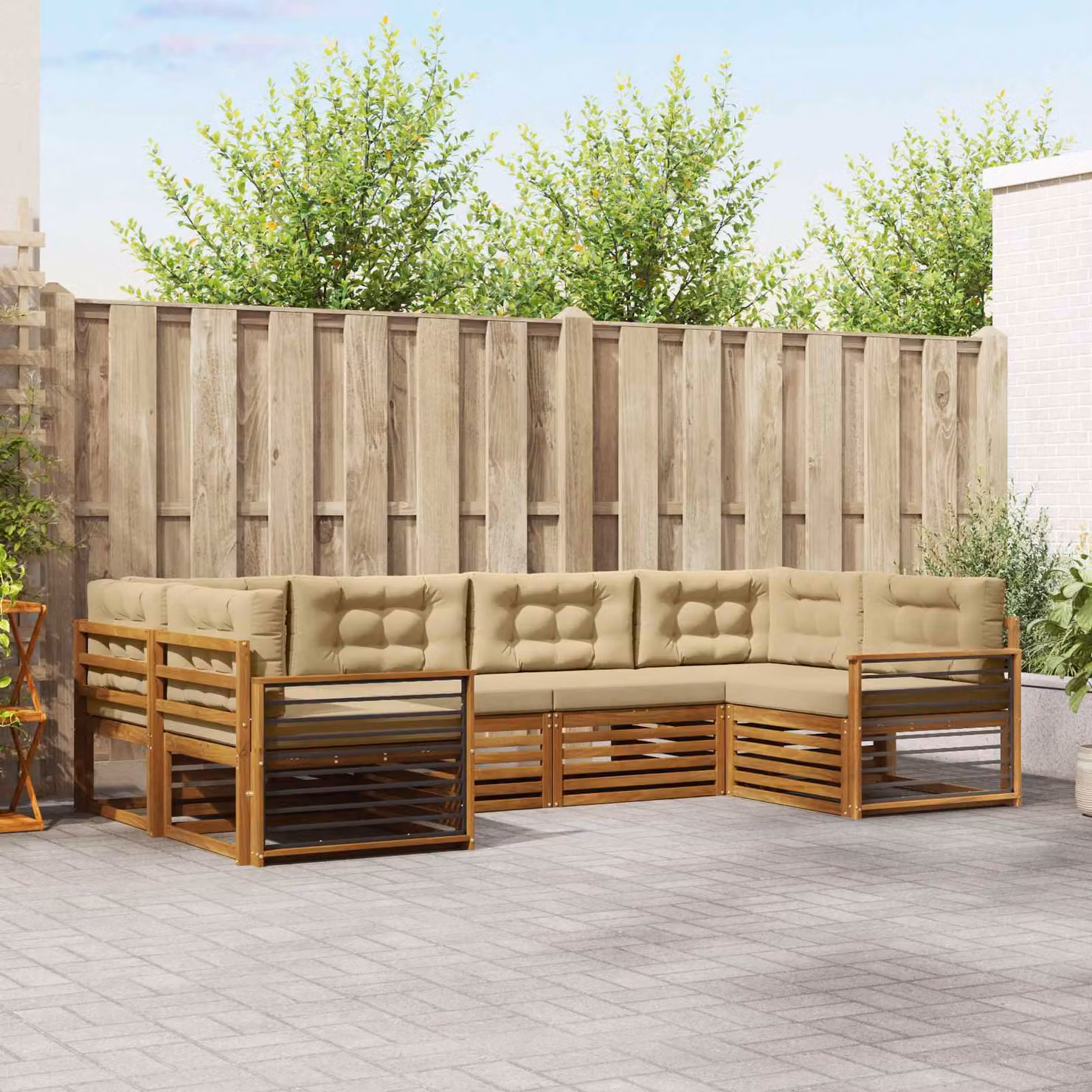 Set di divani da esterno vidaXL in legno di acacia con cuscini, modello a L, colore beige e naturale