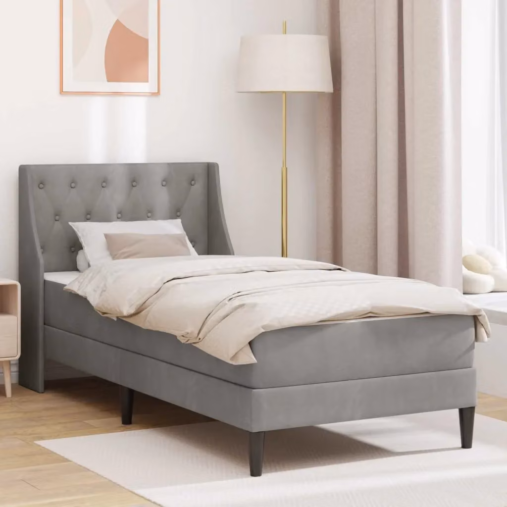 Letto singolo moderno con struttura imbottita in velluto grigio e materasso, L/P/H: 100 x 200 x 96 cm – 2
