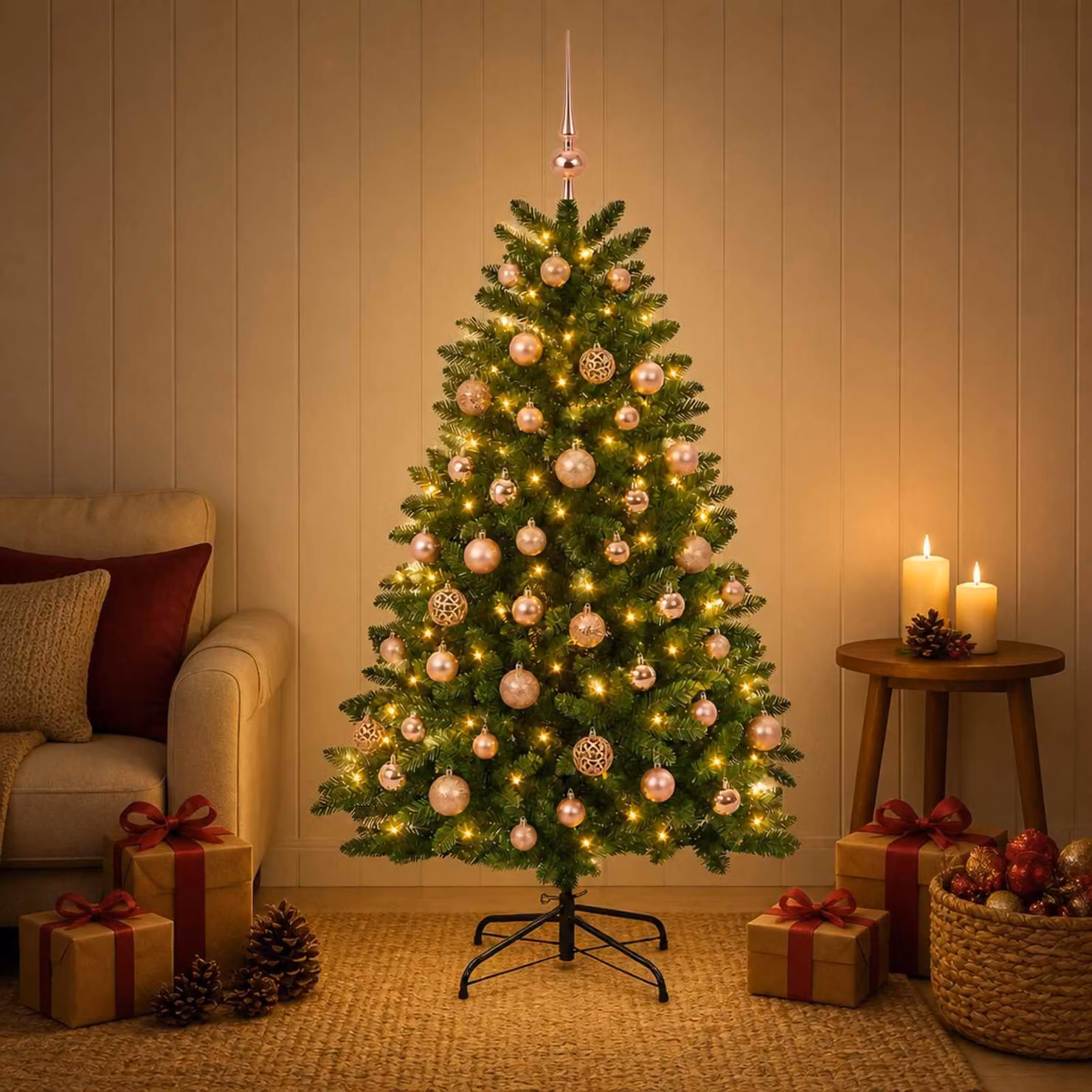 Albero di Natale artificiale, colore verde medio, con decorazioni a palline, altezza 180 cm