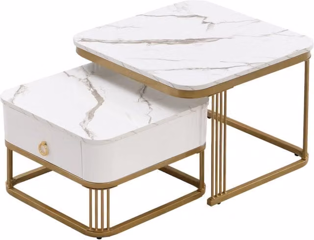 Set di Tavolini Impilabili con Aspetto Marmo Lucido e Accenti Dorati, Tavolino con Cassetto, Bianco e Oro