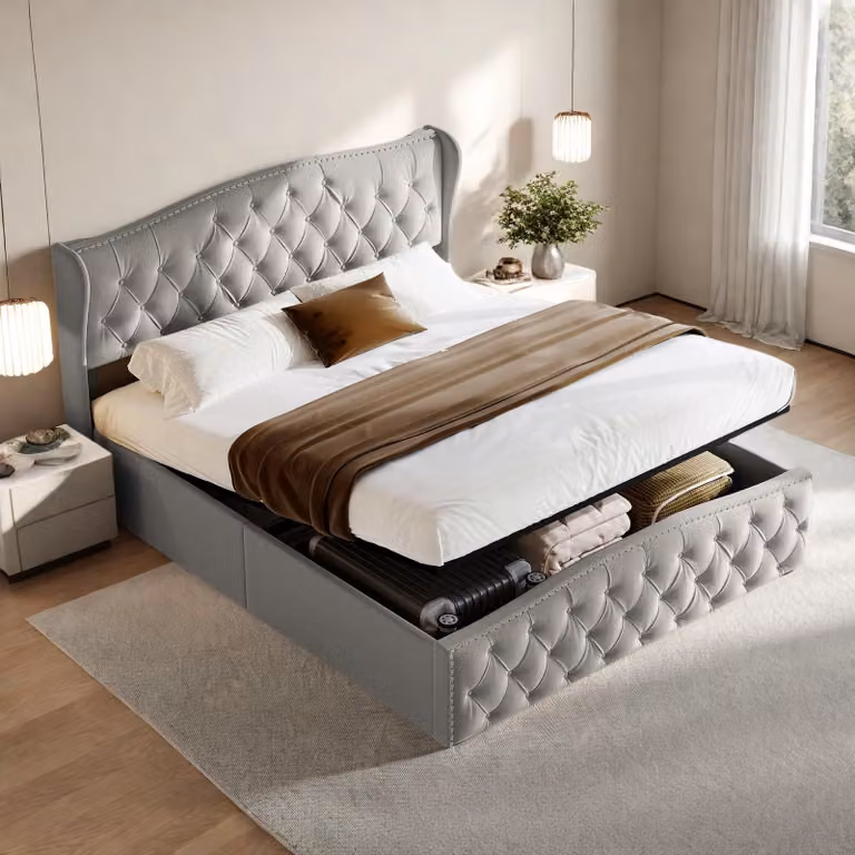 UnboxG Letto imbottito 140 x 200 cm con alzata a gas e contenitore - letto matrimoniale, rivestimento in tessuto, grigio, struttura letto moderna con ampia base letto