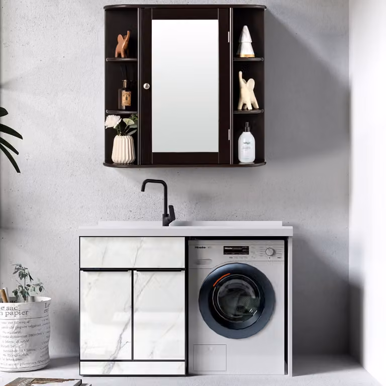 Armadietto da bagno Costway con specchio e mensole regolabili in legno, Marrone