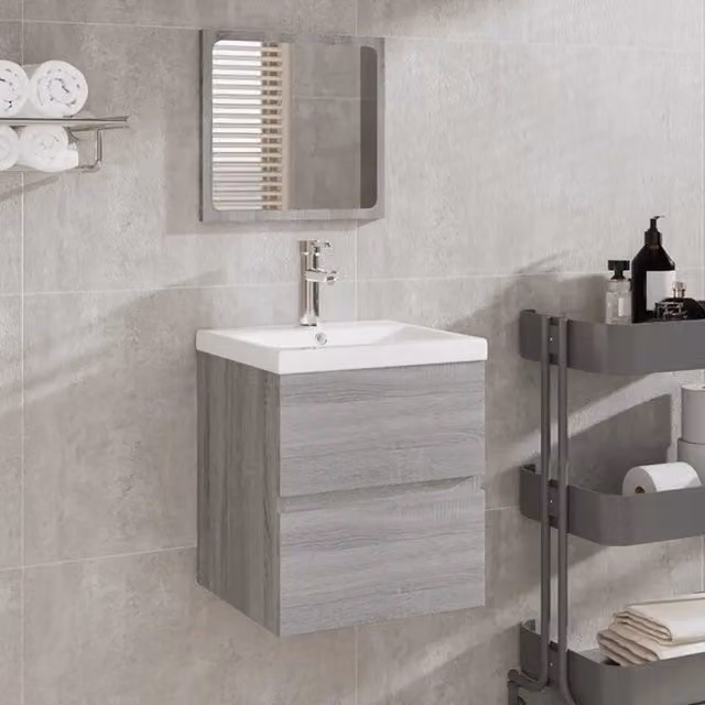 Mobile da Bagno Moderno con Lavabo e Specchio vidaXL Grigio e Bianco a Parete – 1