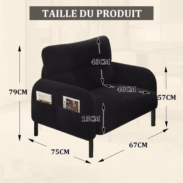 Poltrona Minimal in Velluto Nero con Braccioli e Tasche Laterali per Soggiorno e Camera da Letto