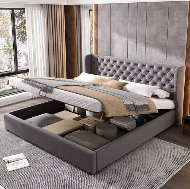 Letto imbottito contenitore 160x200 in velluto grigio; testiera alta 99 cm