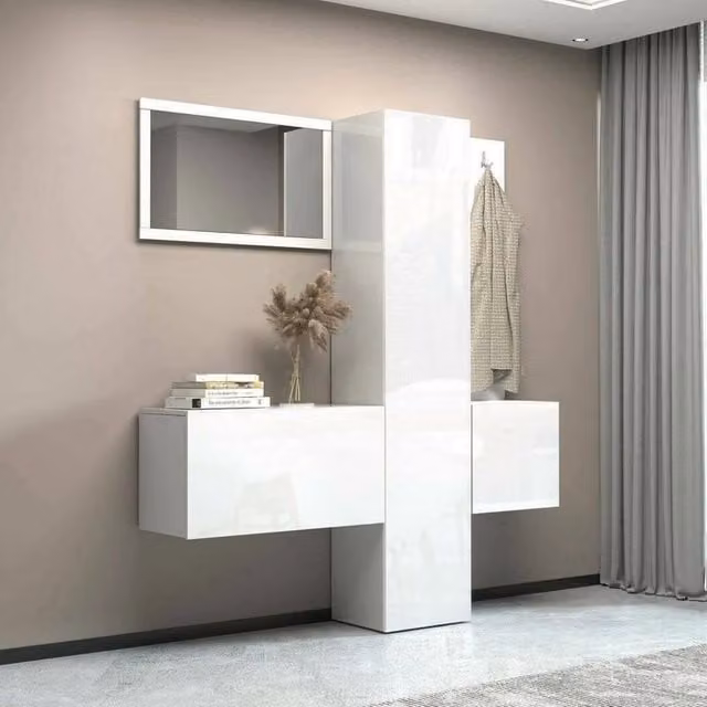 Mobile da ingresso Barengo DMORA, Armadietto multifunzione a 3 ante con specchio e appendiabiti da parete, Bianco lucido, L: 170 cm, P: 35 cm, H: 190 cm – 1