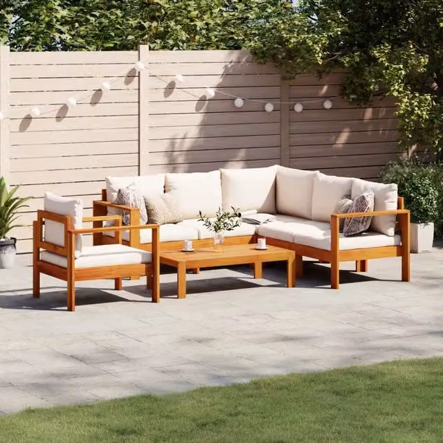 Set Divano da Giardino a L vidaXL in Legno di Acacia con Cuscini Bianchi 5 Pezzi