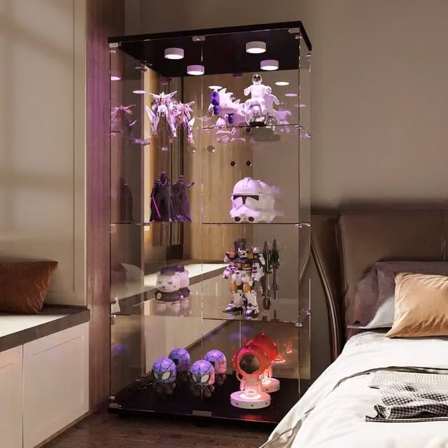 Vetrinetta in Vetro,Vetrina Soggiorno Moderna con 4 Ripiani in Vetro con 2Porta e Serratura,Vetrinetta Espositiva LED,(nero，164x80.5×36.5cm)
