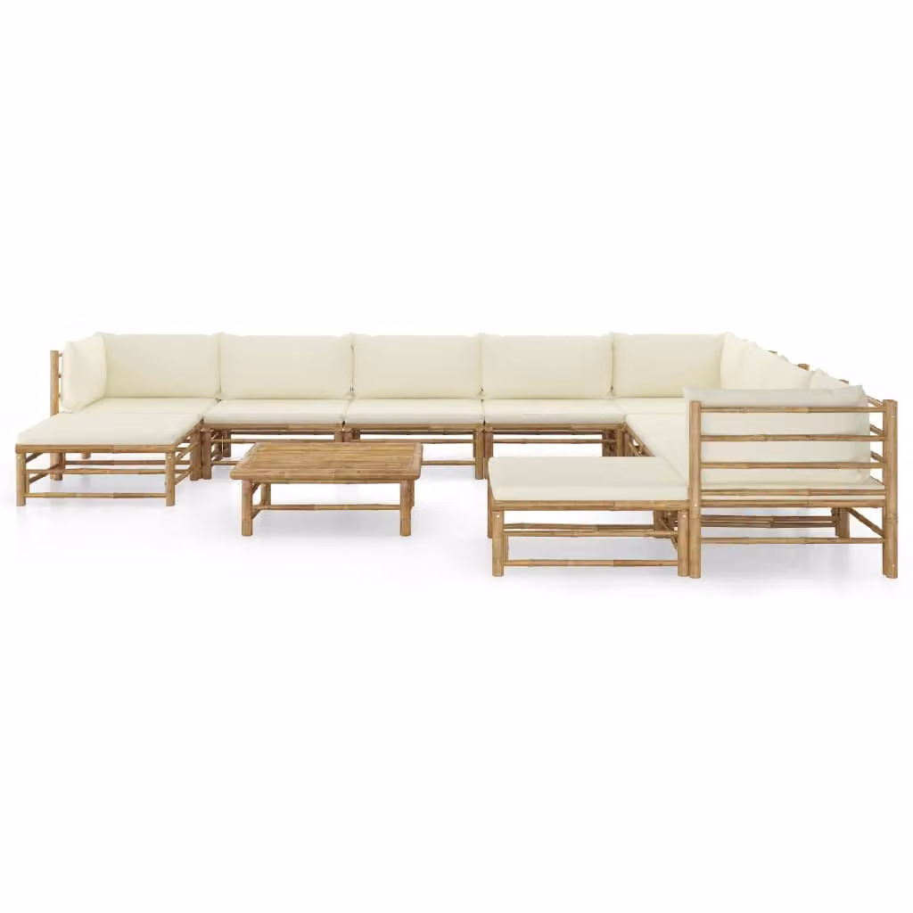 set da salotto da giardino a 11 pezzi con cuscini in bambù bianco crema