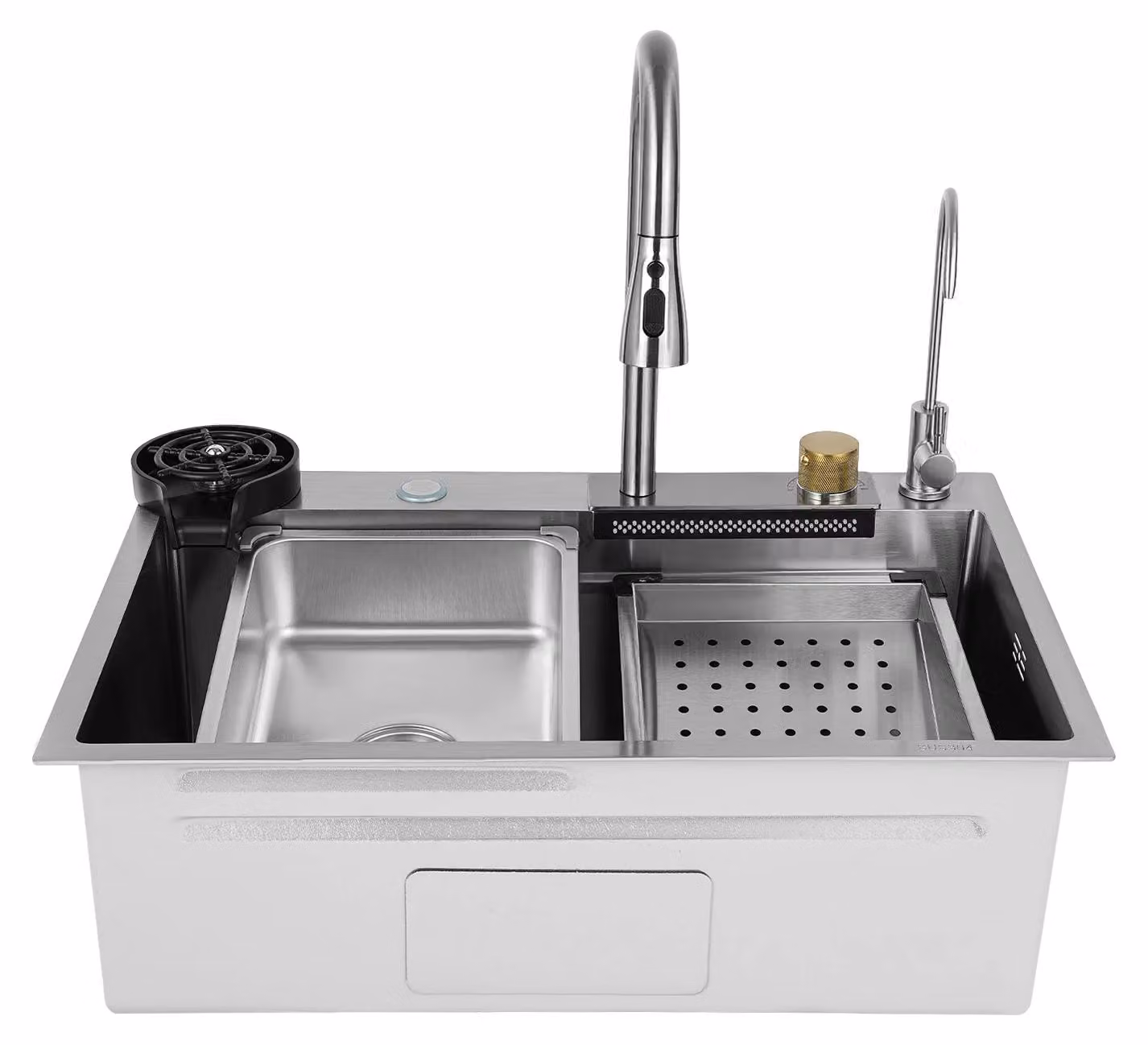 Lavello da cucina - Vasca singola con rubinetto e cestello per stoviglie - Acciaio inossidabile 304 - Montaggio a incasso - Miscelatore con doccetta estraibile a 4 getti, diametro 60 cm - Dimensioni: 75x35x21 cm - Colore: argento