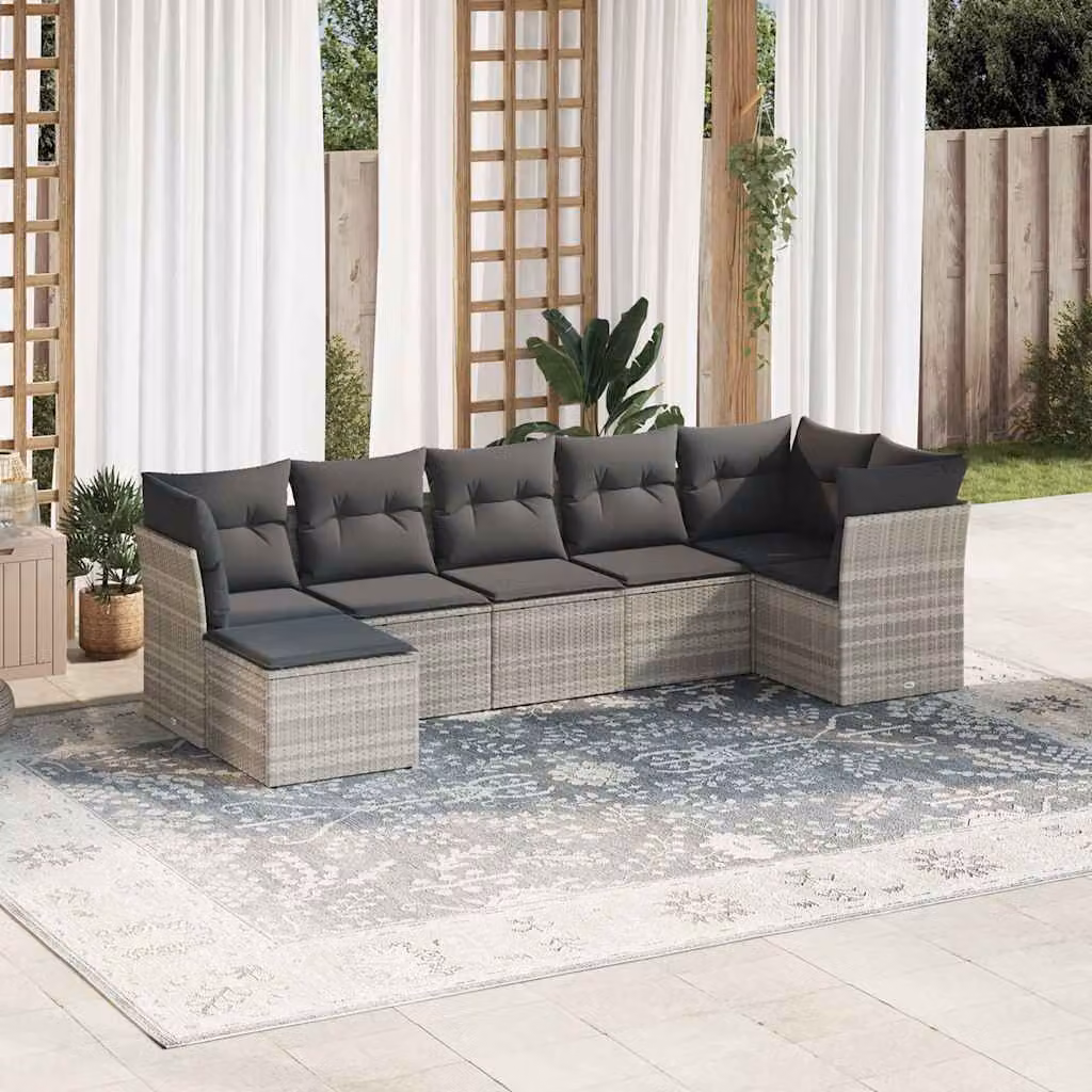 Set di divani da giardino vidaXL in polyrattan grigio con cuscini, componibile a forma di L con elementi angolari e pouf, 7 pezzi – 1