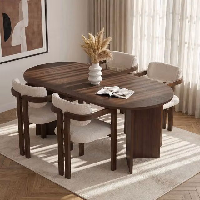 Set Tavolo e 6 Sedie Moderno DMORA in MDF Laminato, Colore Marrone e Bianco, Forma Ovale