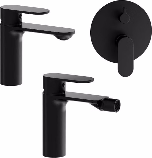 Set di miscelatori Parama per lavabo, bidet senza scarico e incasso doccia con deviatore in ottone nero opaco