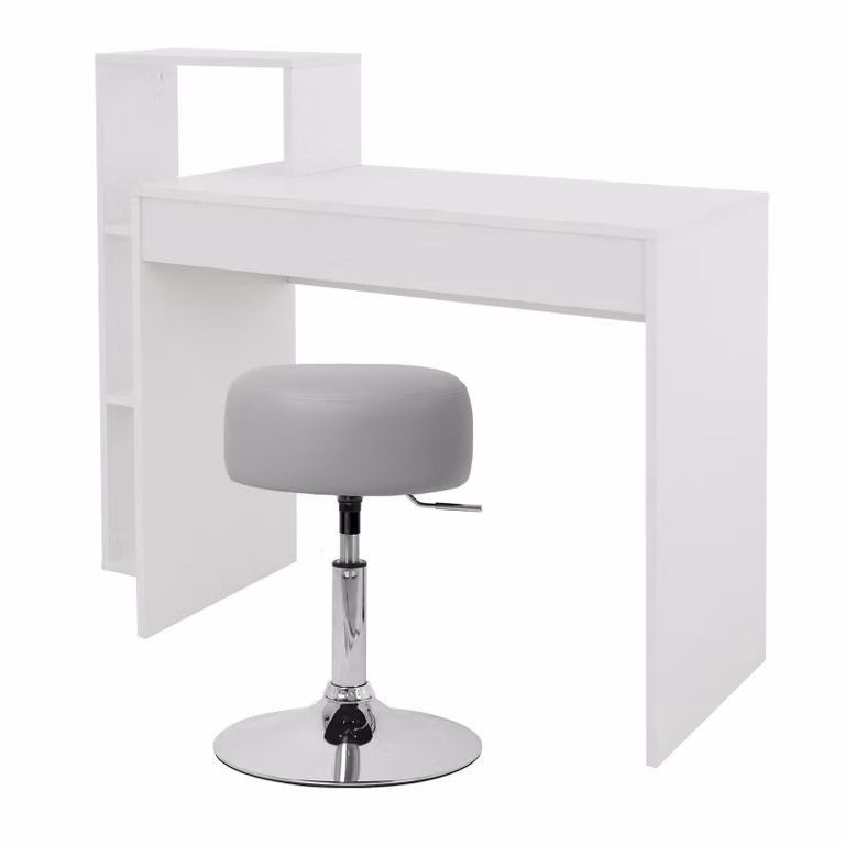 ML-Design scrivania con sgabello, bianco, scrivania per computer con ripiano, sgabello imbottito sgabello grigio chiaro, Ø33cm girevole regolabile in altezza