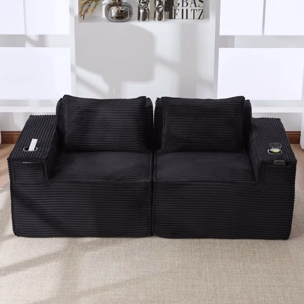 Divano modulare WISHDOR a 2 posti in velluto a coste nero con portabicchieri e tasche laterali L: 188 cm, P: 90 cm, H: 75 cm – 2