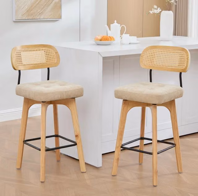 Set di 2 sgabelli da bar girevoli a 360° con schienale in rattan e seduta imbottita in chenille, stile mid-century moderno, verde kaki