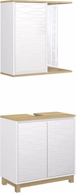 Set di mobili da bagno Vicco Livia composto da mobile lavabo e pensile con specchio, Bianco e Rovere
