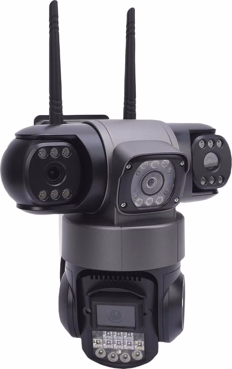 telecamera di sorveglianza a triplo obiettivo da 2MP WiFi a 2,4 GHz con rilevamento del movimento 2 Way Talk Smart Alarm Supporto fino a 128 g Spina UE