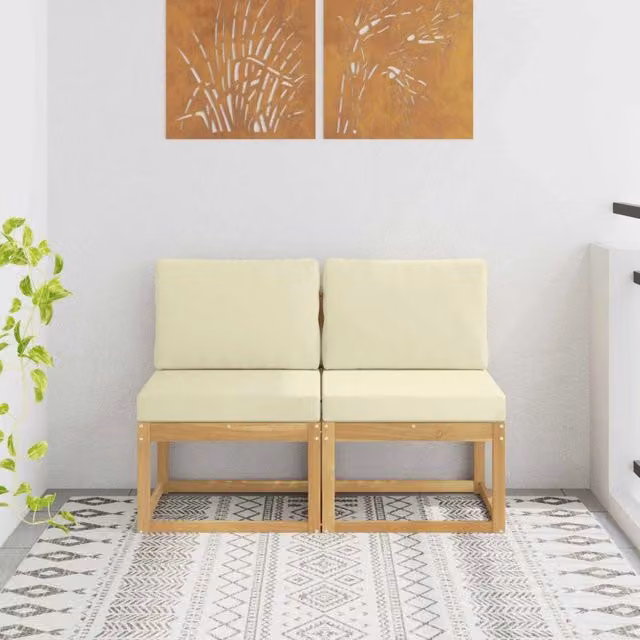 Set di 2 divani centrali da esterno vidaXL in legno di acacia massello con cuscini beige e bianchi
