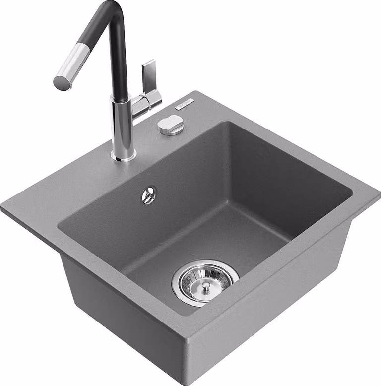 Mexen Milo lavello in granito a 1 vasca con rubinetto da cucina Flora, grigio - 6505-71-670401-07