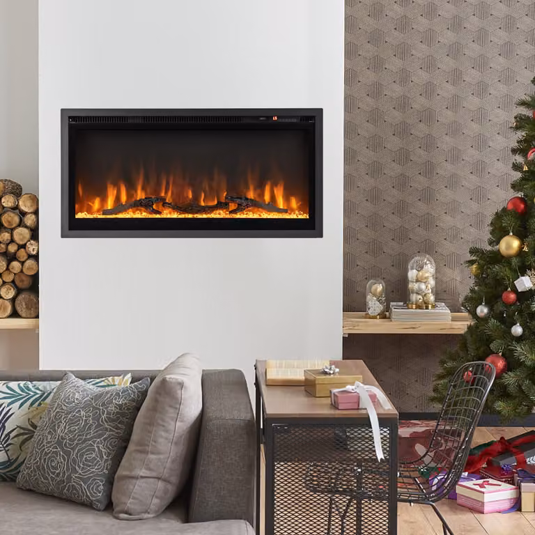 Caminetto elettrico da incasso a parete Costway nero con luminosità della fiamma regolabile L 91,5 cm x H 45 cm x P 14 cm
