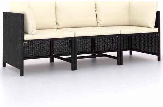 Panchina da giardino a 3 posti con cuscini in polyrattan nero