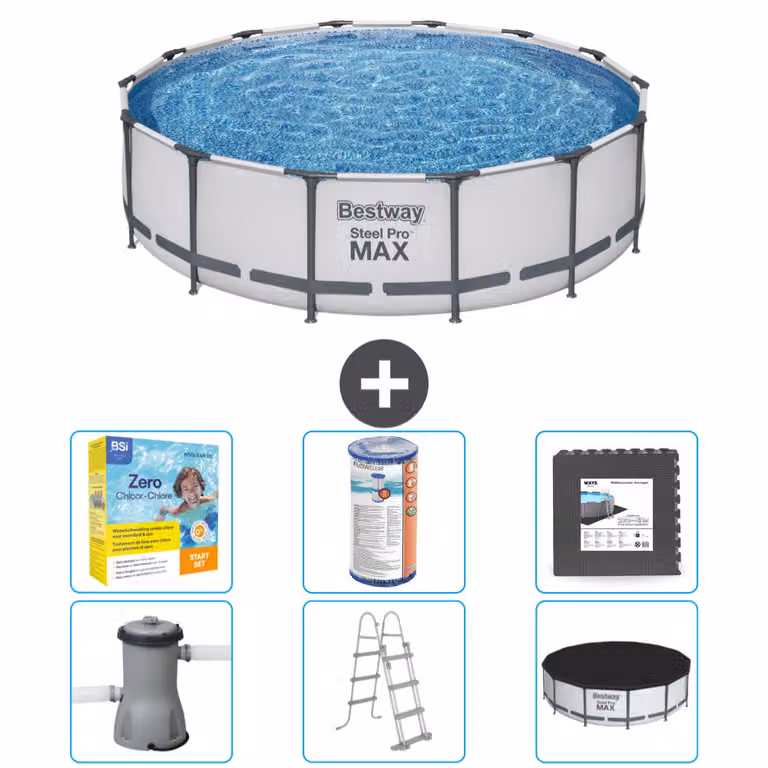 Piscina Bestway Round Steel Pro MAX - 427 x 107 cm - grigio - inclusa pompa - scala - pacchetto manutenzione copertura - filtro - piastrelle per il pavimento