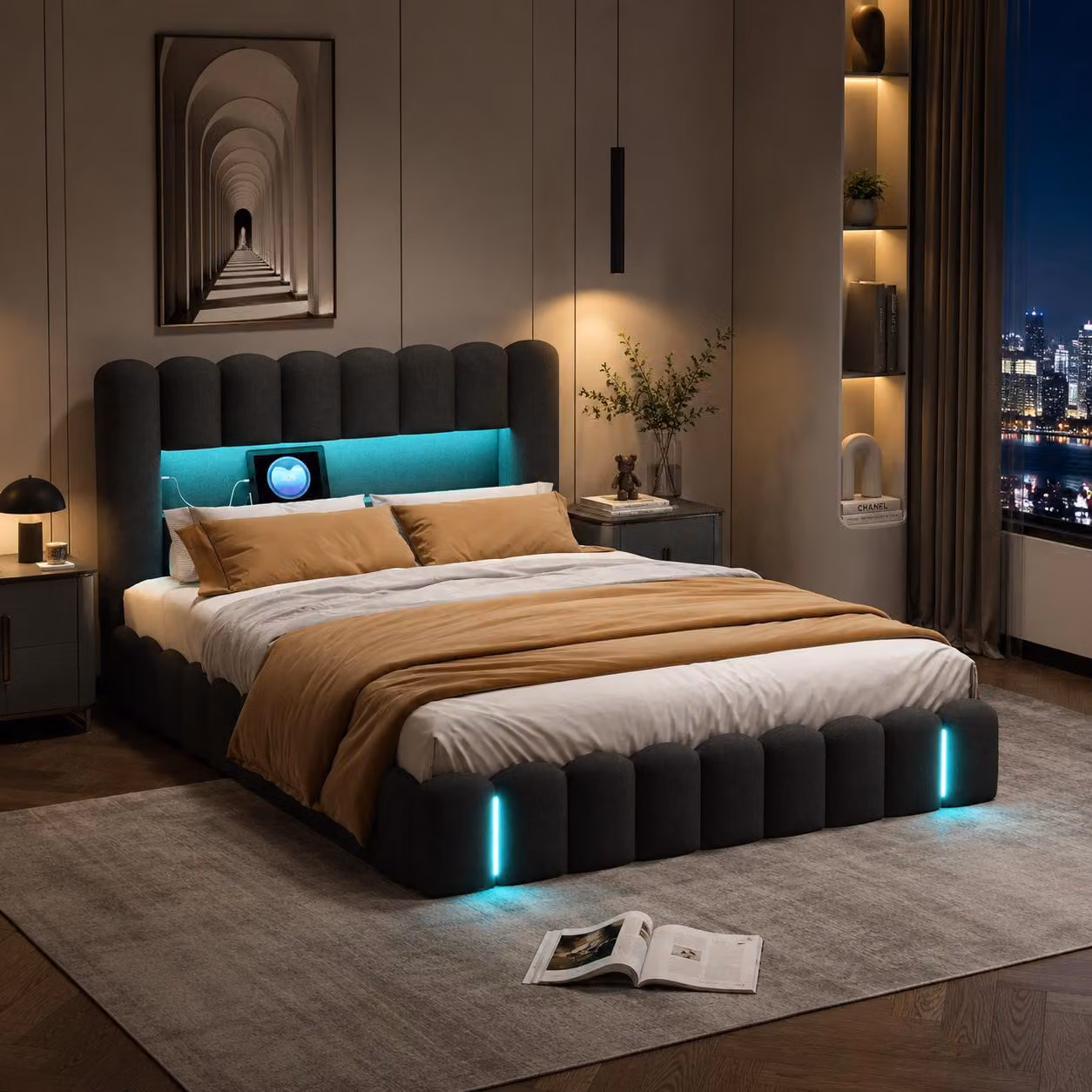 Letto imbottito INONEFT modello Bubble, 160x200 cm, con spazio contenitore ad apertura idraulica, letto matrimoniale con illuminazione LED e prese USB, senza materasso, in lino, colore grigio