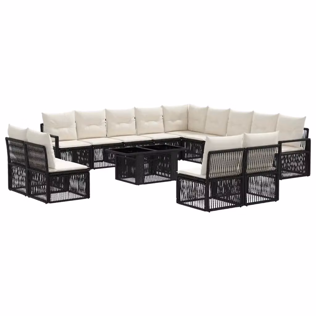 Set Divano da Giardino Moderno vidaXL a Forma a L con Tavolino, 14 Pezzi, Nero e Bianco Crema con Cuscini e Struttura in Metallo e Polyrattan – 2