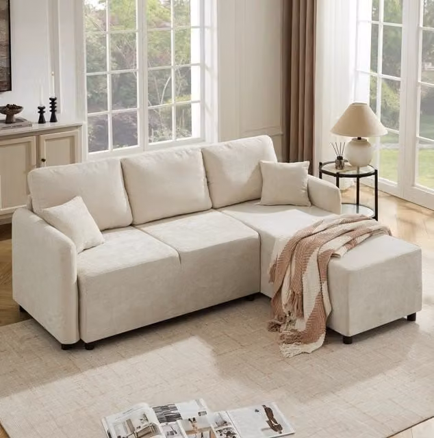 Divano angolare L 3 posti 187;5x144x85;5 cm in chenille beige chiaro con 2 cuscini