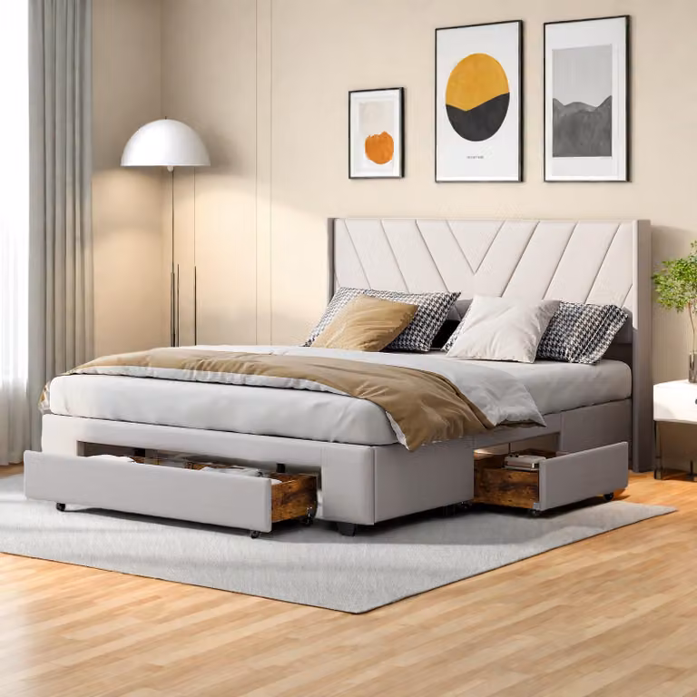 Letto morbido ProximaX con 3 cassetti sotto il letto, pratico spazio di archiviazione, 140×200 cm, tessuto beige, rifugio accogliente